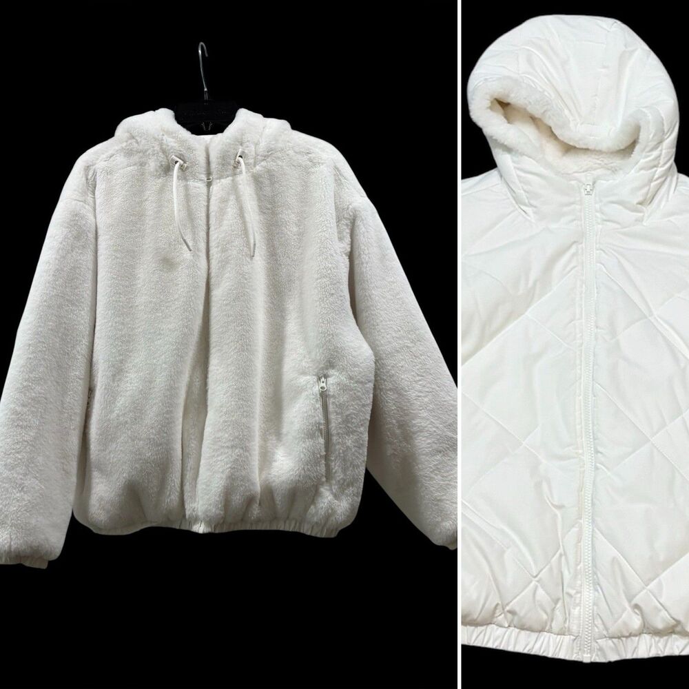Lands’ End White Reversible Puffer Faux Fur Coat Size M